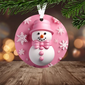 3D Pink Snowman Ornament Sublimation PNG, Instant Digital Download Only, Christmas Round Ornament PNG Pink & White Snowman Ornament PNG