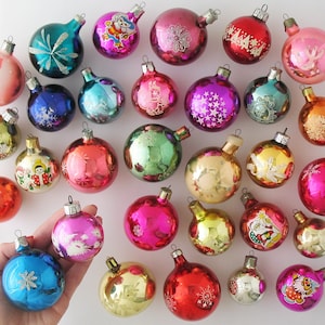 BALL with picture - GLASS Vintage Christmas Ornaments Hand Blown RETRO Home Decoration: Pink Blue Green Silver-Mercury Xmas Tree Decor